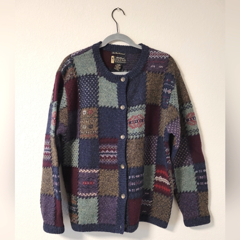Vintage Eddie Bauer 100% Wool Patchwork Cardigan L